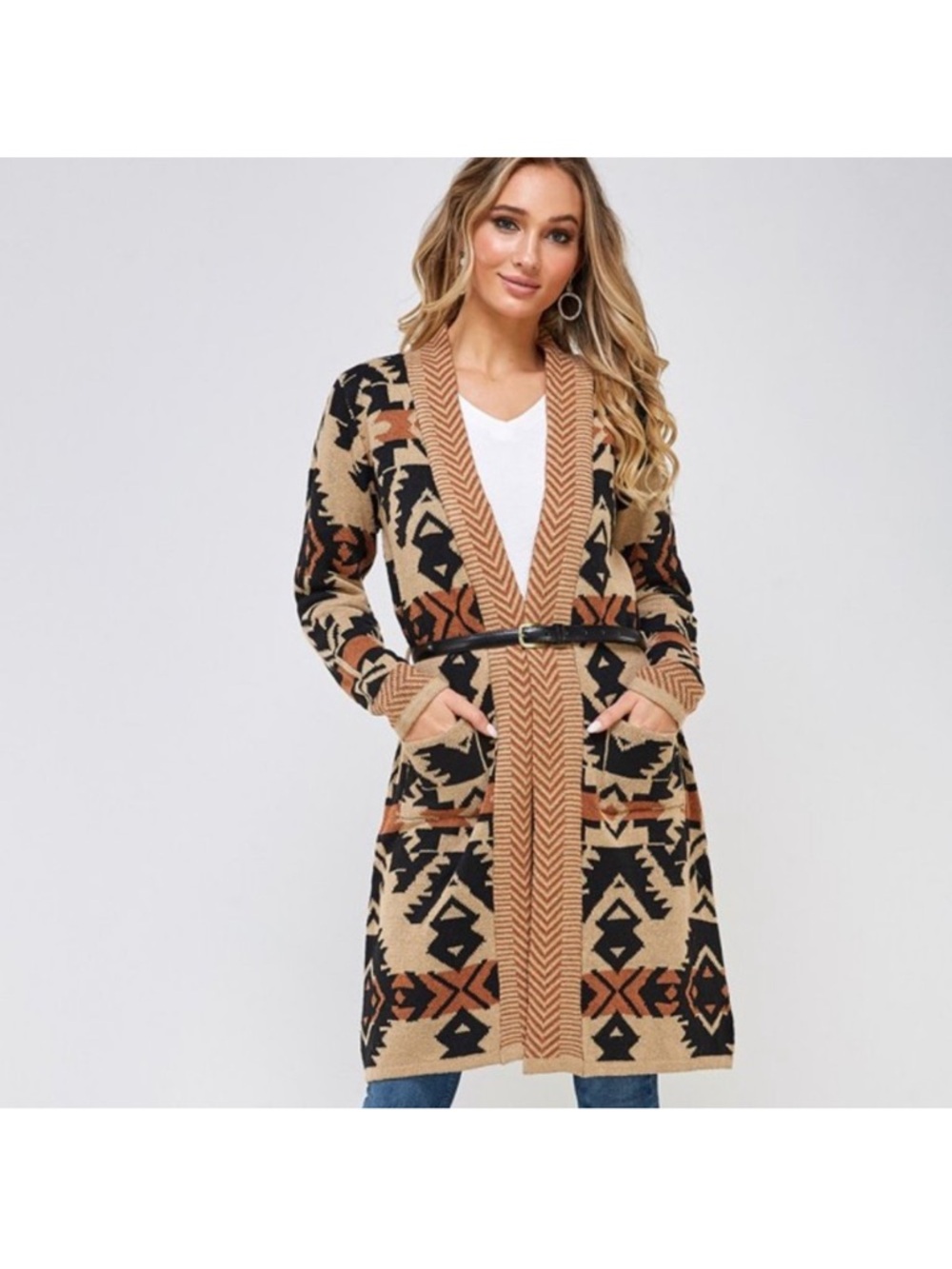 Tribal Western Pattern Long Cardigan Sweater - Tan/Black